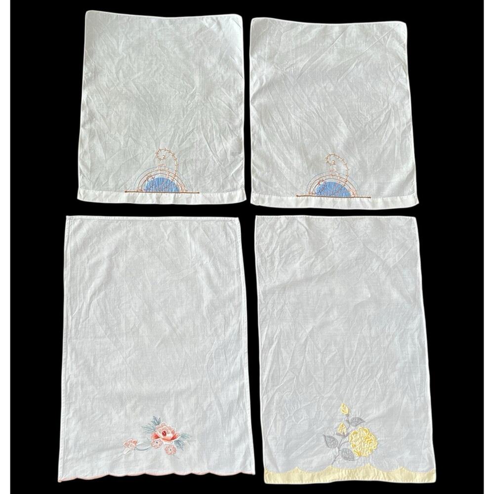Vintage Hand Embroidered Table Dresser Mats Lot Of 4 White Cotton Linen Cottage